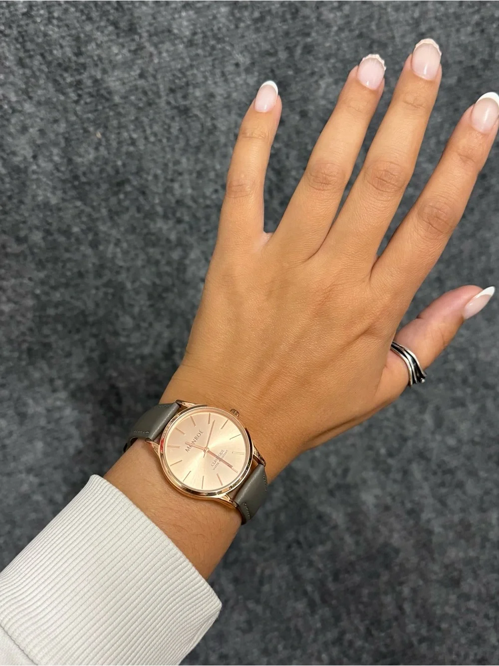 Monroe‎ By Maestro Classique Rose Gold Tone Round Case Gray Leather Band Watch